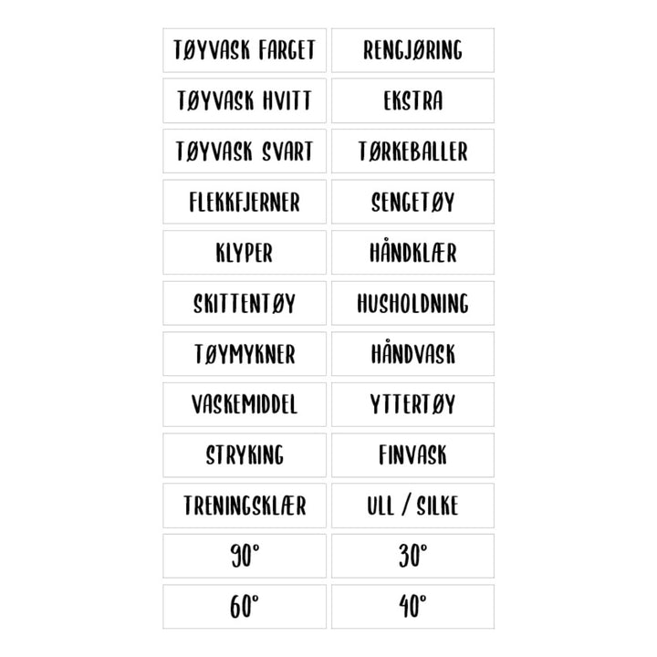 Etiketter til vaskerom (tekst)