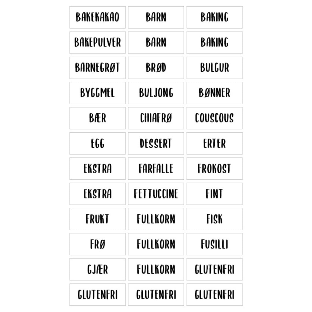 etiketter til barnegrøt, kakao, baking, glutenfri, fullkorn og frø