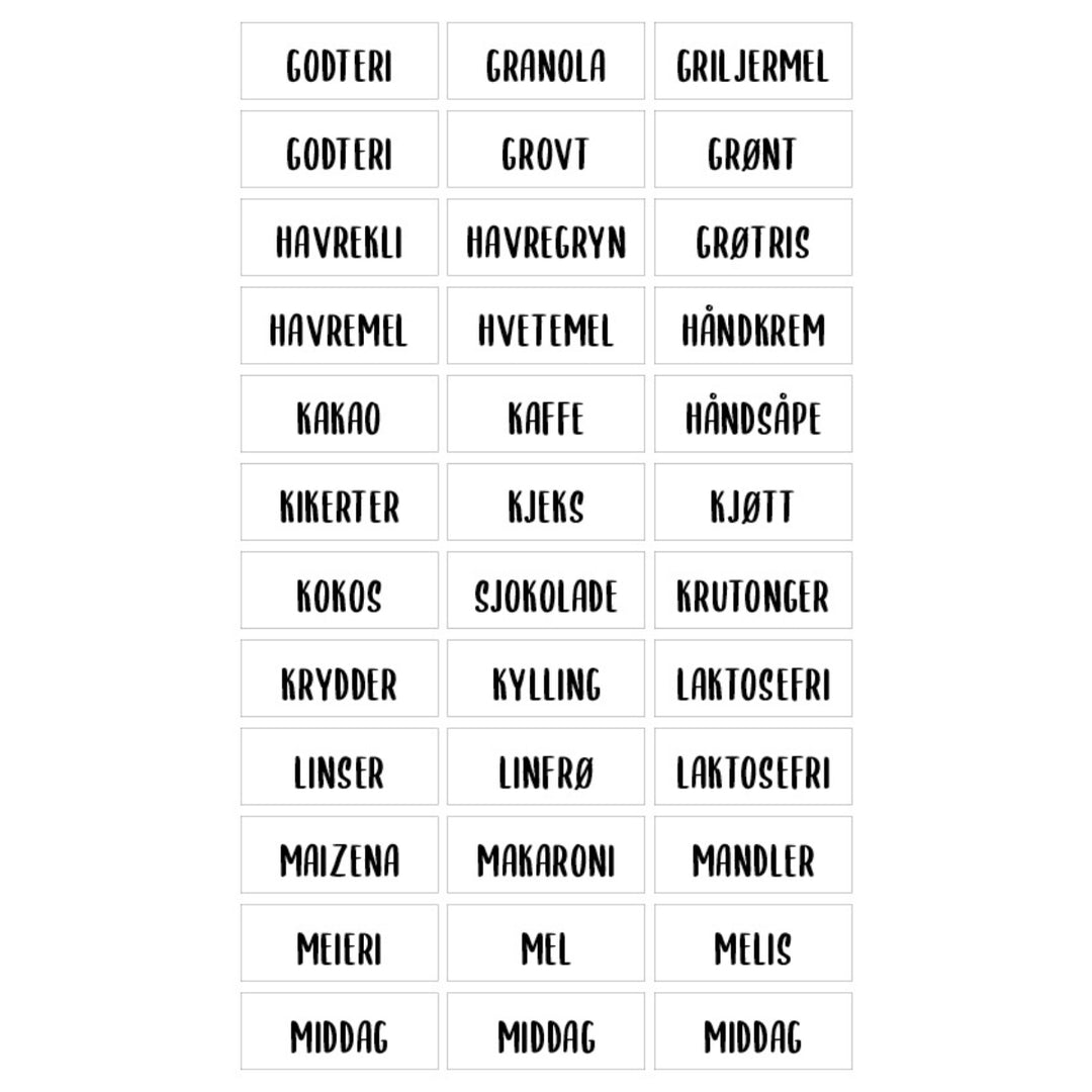 etiketter til havregryn, godteri, kjeks, linser og mel