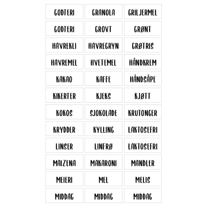 etiketter til havregryn, godteri, kjeks, linser og mel