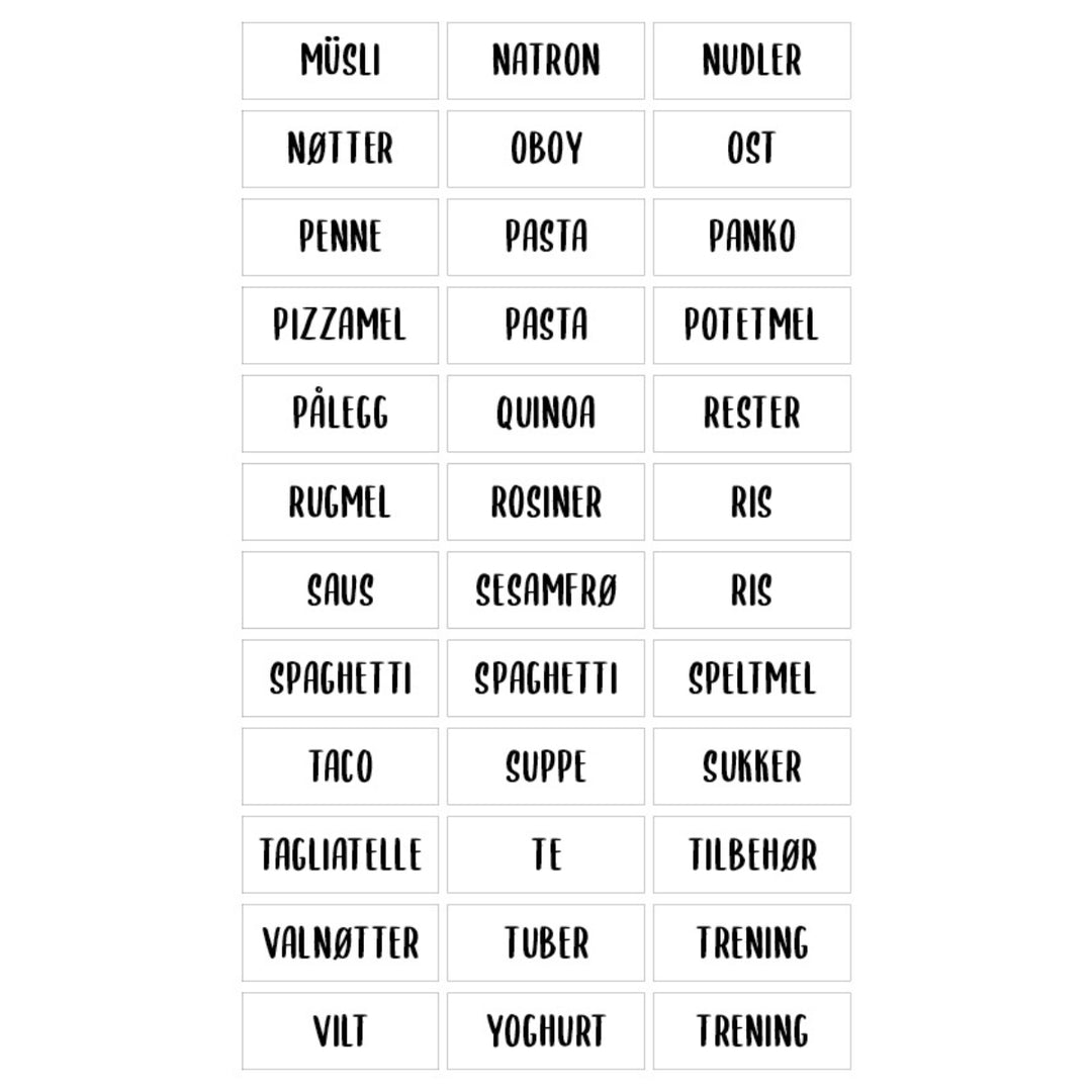 etiketter til tørrvarebokser - pasta, ris, saus, pizzamel, sukker og proteinpulver