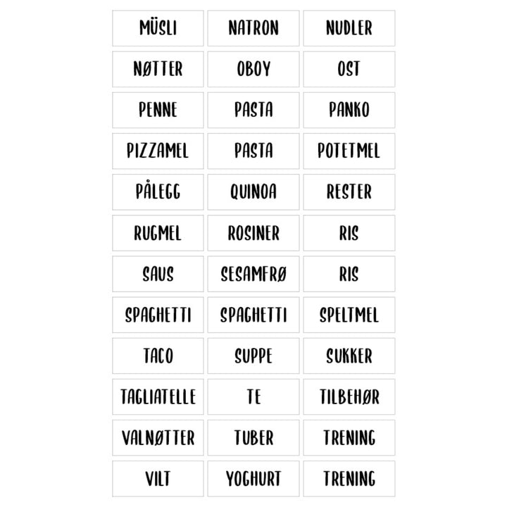 etiketter til tørrvarebokser - pasta, ris, saus, pizzamel, sukker og proteinpulver