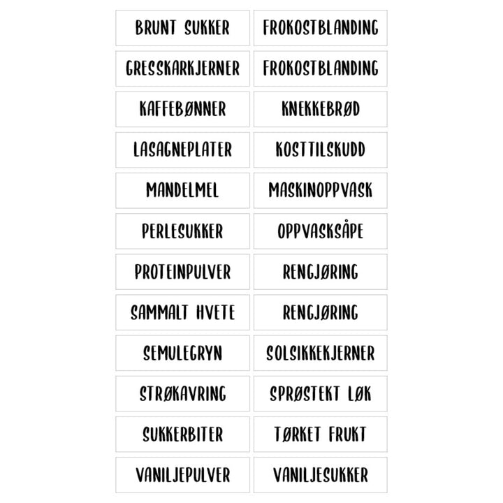 etiketter til tørrvarebokser med kaffebønner, gresskarkjerner, brunt sukker og hvete