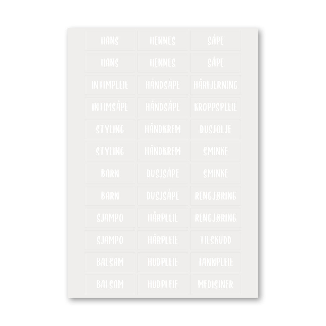 etiketter til bad, hvit tekst