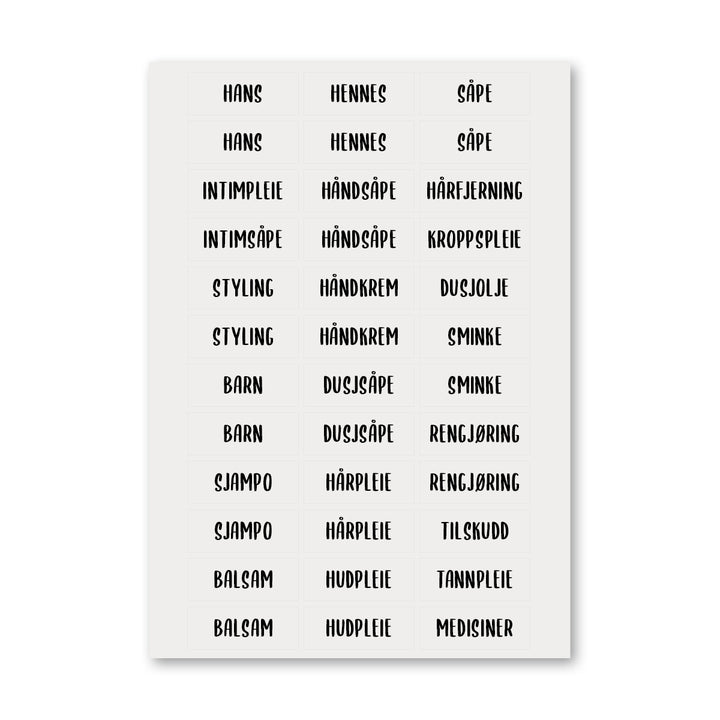 etiketter til bad, svart tekst