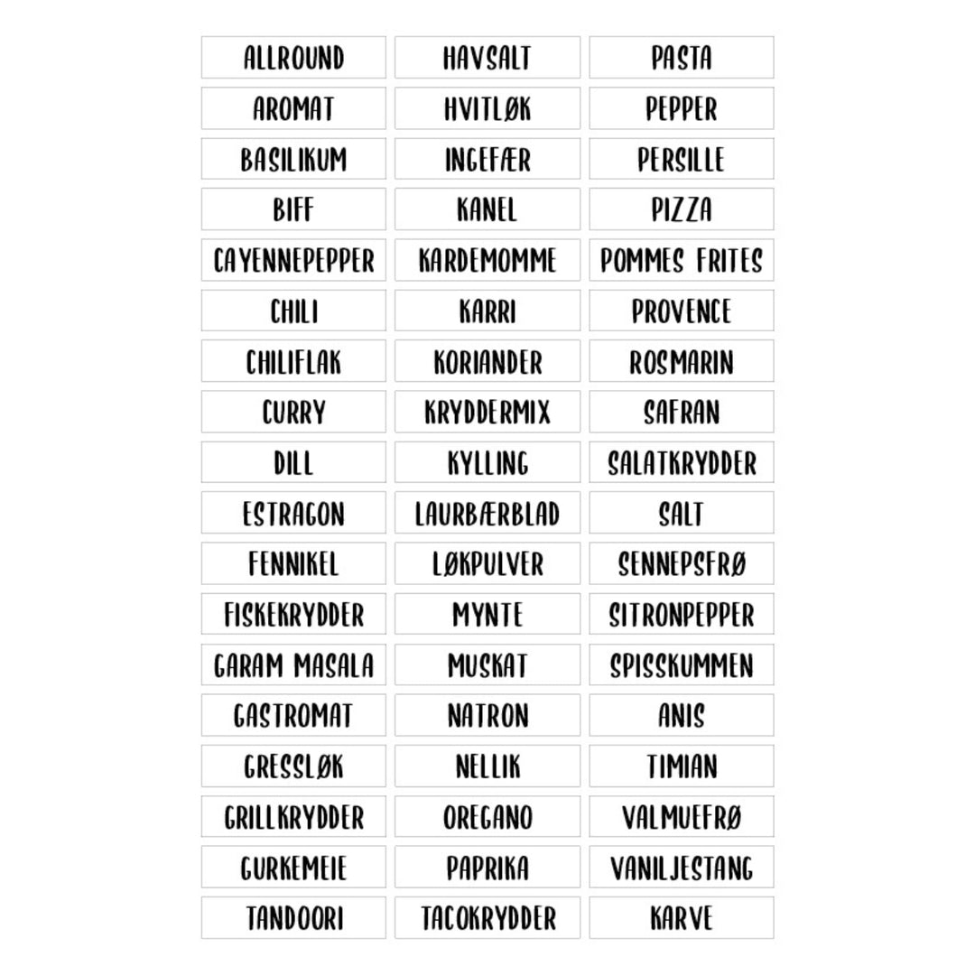 Etiketter til krydder og krydderhylla. Perfekt til krydderglass