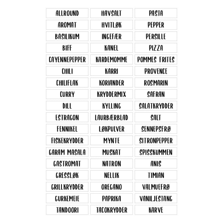 Etiketter til krydder og krydderhylla. Perfekt til krydderglass