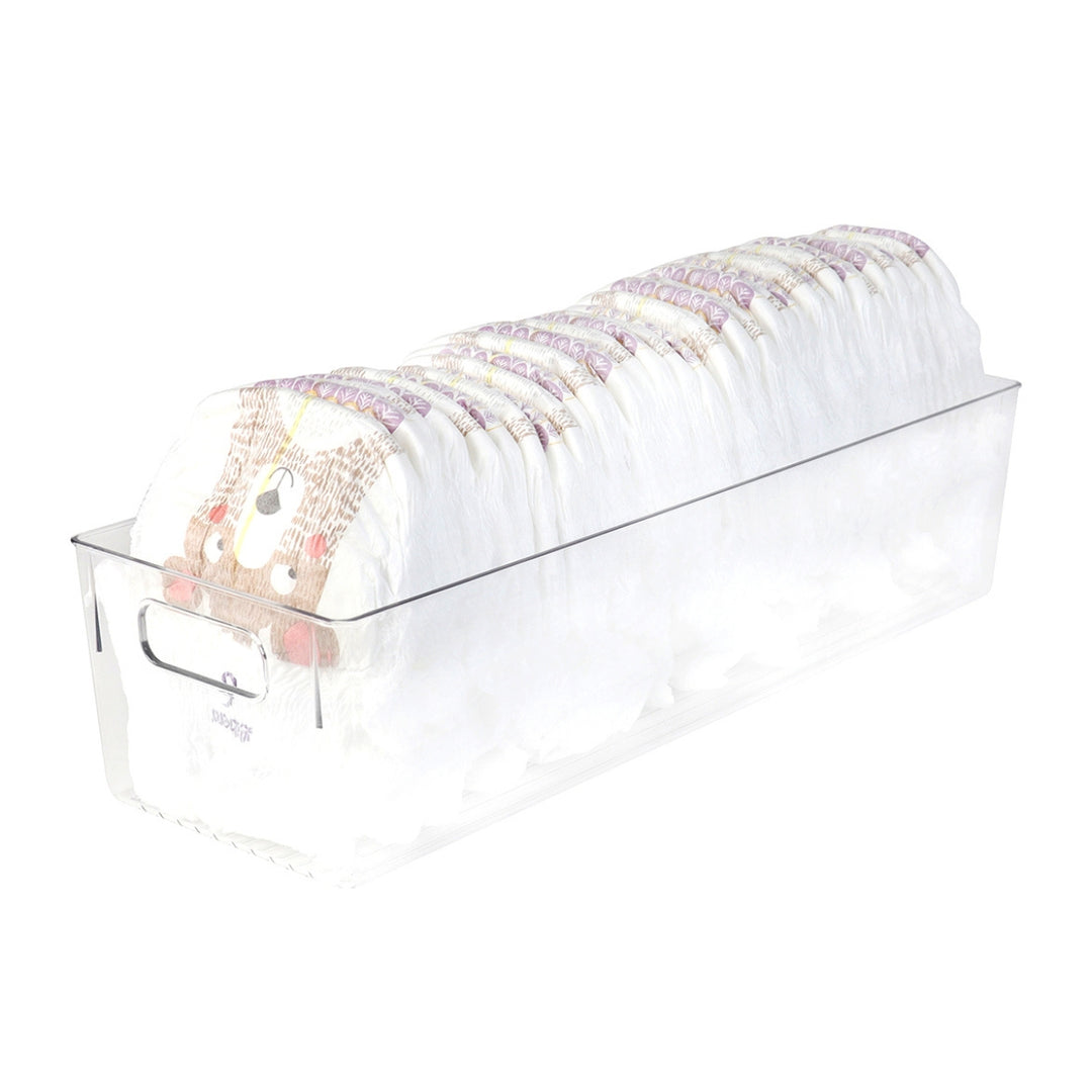 Gjennomsiktig oppbevaringsboks med håndtak i plast – lett å dra ut av hyllen