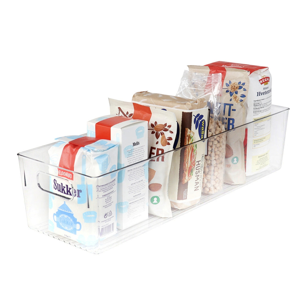 Dyp oppbevaringsboks med håndtak brukt i kjøkkenskap til tørrvarer