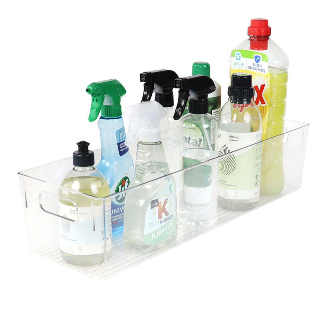 Plastboks med håndtak til organisering av rengjøringsprodukter i baderomsskapet eller i boden