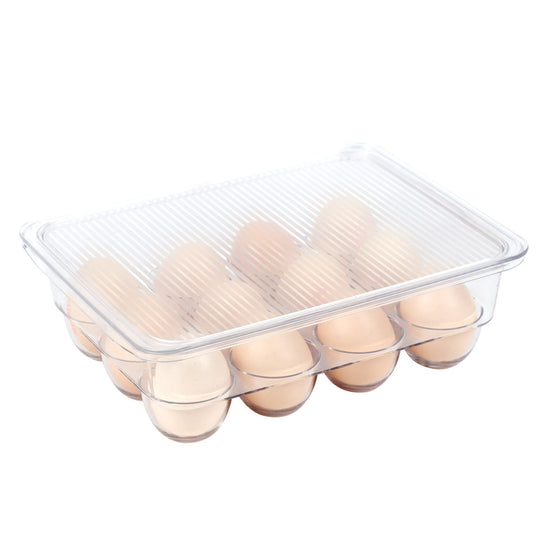 Eggholder for oppbevaring av 12 egg, stabil, stablebar eggholder i gjennomsiktig plast.